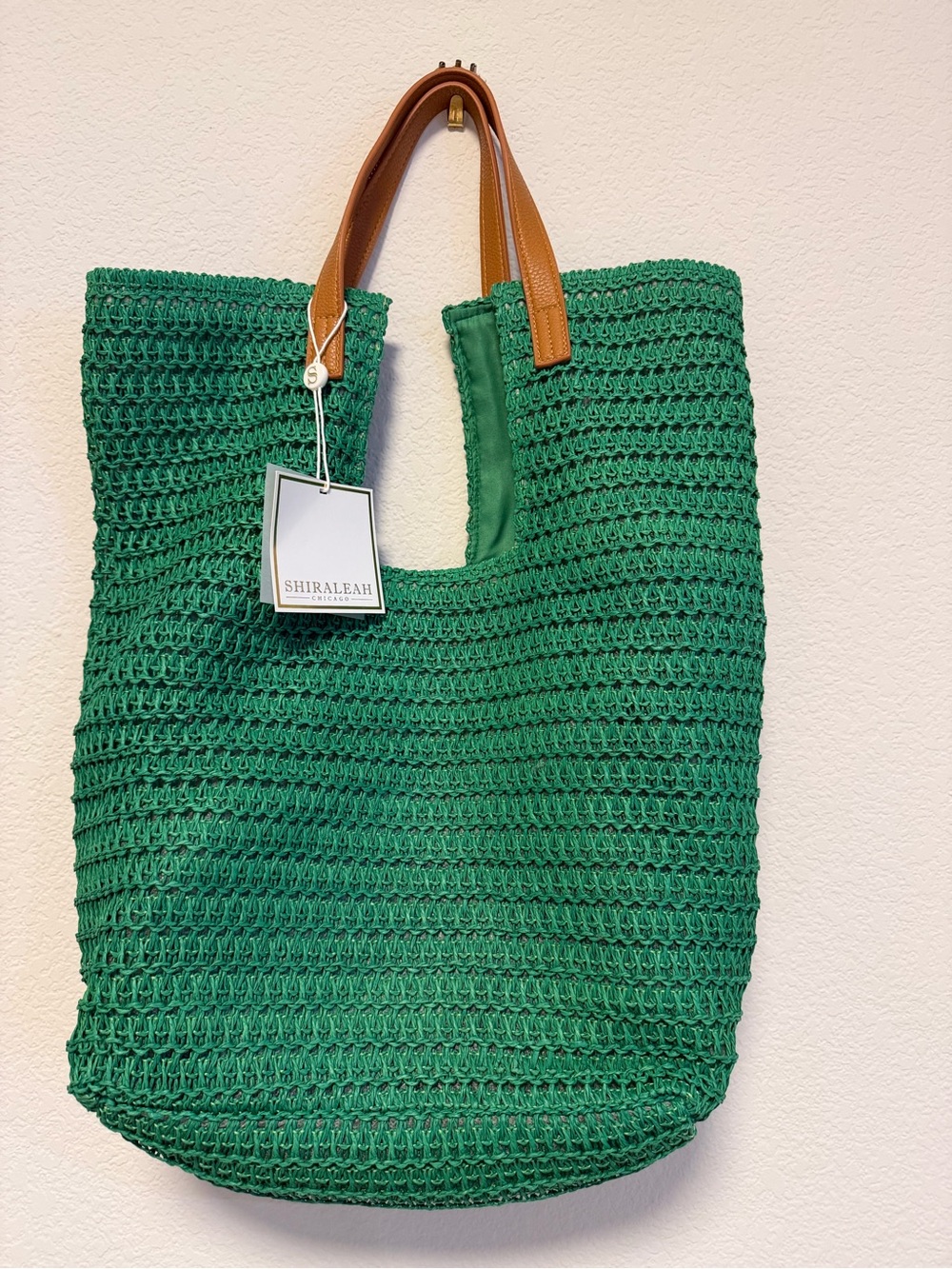 Shiraleah Emerald Crochet Tote with Tan Handles